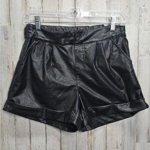 Rewash Vegan Faux Leather Black Cuffed Shorts Stretch High Rise Hi-Rise